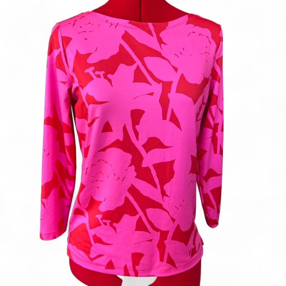 Vineyard Vines Red & Hot Pink Rose Pattern Swim Rashguard Size XS
